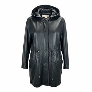 Preswick & Moore Vintage Black Hooded Leather Parka Jacket Cinch Waist Large